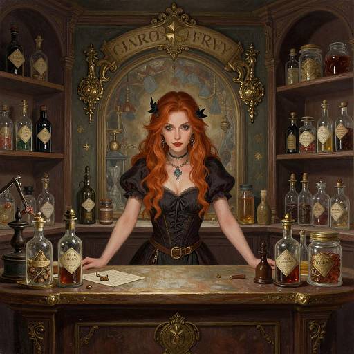 A red-haired witch with black dress and horns, standing behind a wooden apothecary shelf filled with bottles and potions.