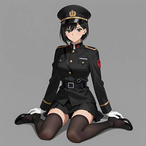 Anime Female Soldier in Black Military Uniform
