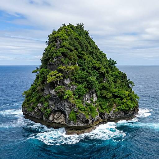 Photograph of a lush, green island with rocky cliffs surrounded by blue ocean waves under a cloudy sky.