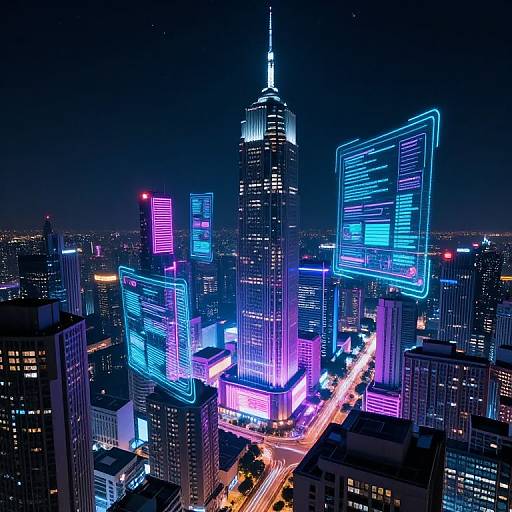 Neon-lit, futuristic cityscape photograph showing skyscrapers with glowing blue and purple neon signs, illuminated street below, and dark night sky.