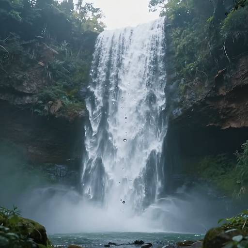 Photograph of a powerful, cascading waterfall surrounded by lush greenery, misty spray at base, and dark rocky cliffs on both sides.