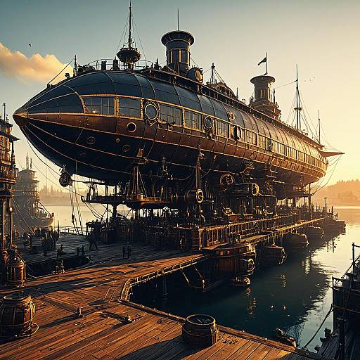 Steampunk Airship Dock at Sunrise