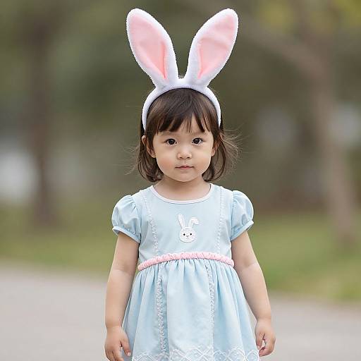 Photograph of an Asian toddler with short black hair, wearing a light blue dress, pink belt, and white bunny ears headband, standing outdoors with