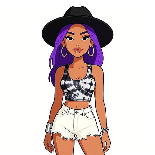 Digital drawing of a confident woman with purple hair, black hat, tie-dye crop top, white high-waisted shorts, large hoop earrings,