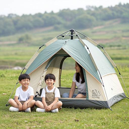 Photograph of an Asian family camping: two smiling boys in white shirts and beige shorts sitting outside a green and white tent, with a smiling woman in