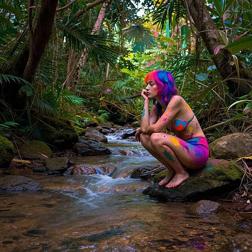 Photograph of a woman with neon pink, blue, and yellow body paint, squatting in a lush, jungle stream, surrounded by vibrant greenery