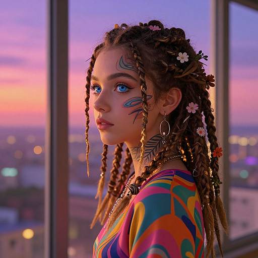 Photograph of a young woman with braided hair, blue face paint, colorful geometric top, flower hair accessories, and hoop earrings, standing by a