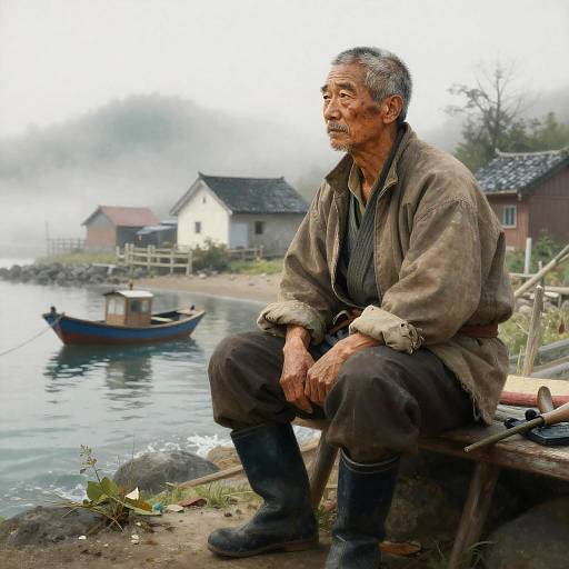 Stoic Elder Fisherman in Misty Village
