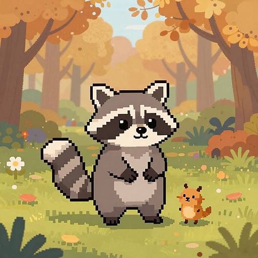 Pixel art of a cute raccoon with a striped tail standing in a vibrant autumn forest, beside a small orange squirrel.