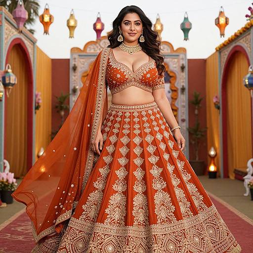 Elegant Rust Orange Lehenga at Festival