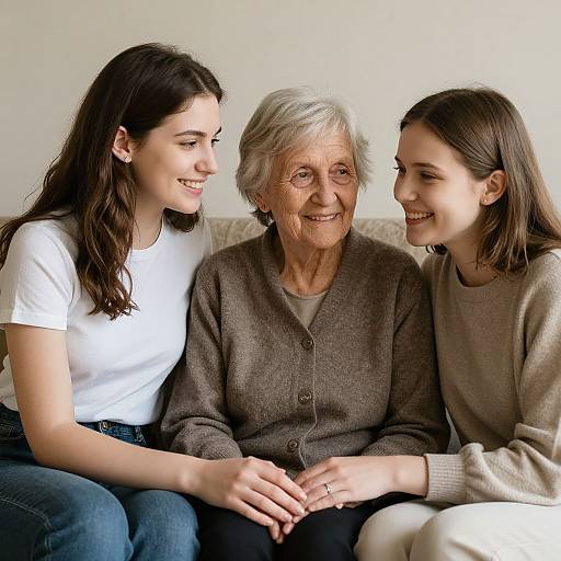 Photograph of three women sitting closely on a couch; elderly woman with grey hair in brown cardigan, smiling between two younger women in white and beige