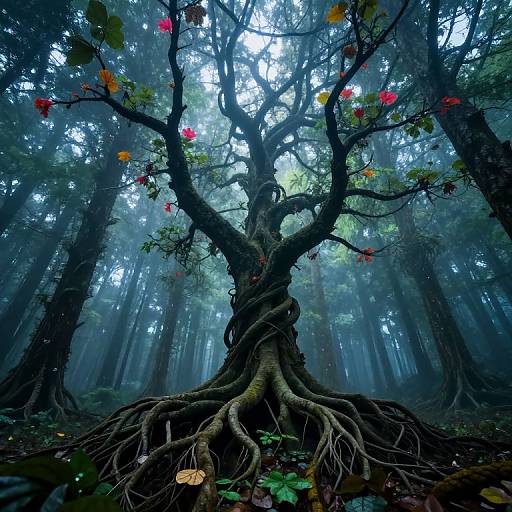 Photograph of a mystical forest featuring a gnarled, twisted tree with colorful red, yellow, and orange leaves, surrounded by dense, misty