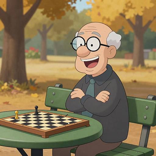 Cheerful Elderly Man Playing Chess in Park