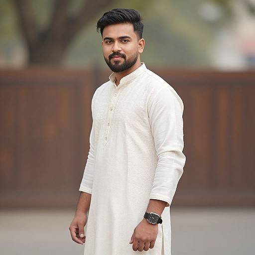 Photograph of a bearded South Asian man with short black hair, wearing a white traditional long kurta, standing outdoors with a blurred wooden fence background