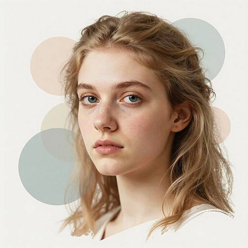 Photograph of a young woman with fair skin, blue eyes, wavy blonde hair, and natural makeup, set against a white background with soft,