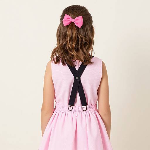 Photograph of a young girl with wavy brown hair, wearing a pink dress with black suspenders and a pink bow, facing away against a plain