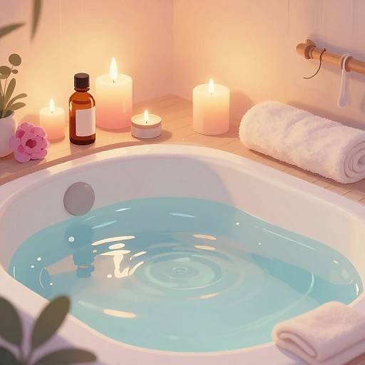 Photograph of a warmly lit, white, oval bathtub with blue water, surrounded by candles, a rolled white towel, pink flower, and brown bottle