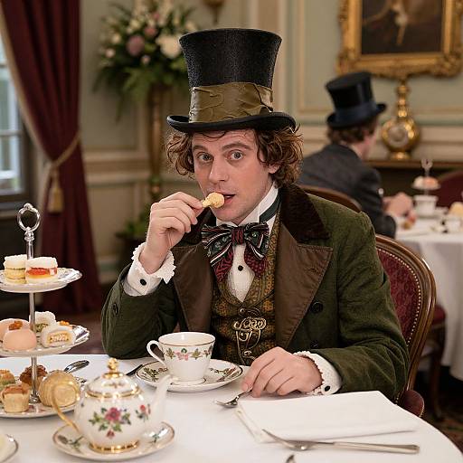 Photograph of a man with curly brown hair, wearing a black top hat and Victorian attire, eating a cake at an elegant tea party.