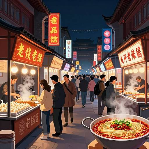 Nighttime street market scene in anime style, bustling with people, neon signs, steaming ramen bowls, and traditional Chinese stalls.
