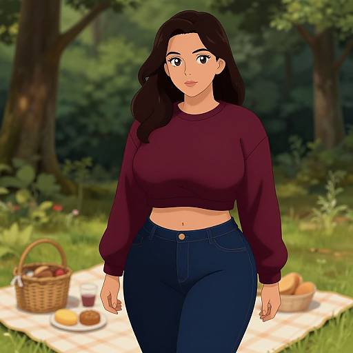 Digital illustration of a curvy woman with long black hair, wearing a maroon crop top and dark blue jeans, standing in a forest picnic area with