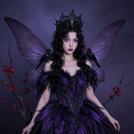 Photograph of a pale-skinned woman with black curly hair, wearing a black crown, purple butterfly wings, and a black feathered dress, against