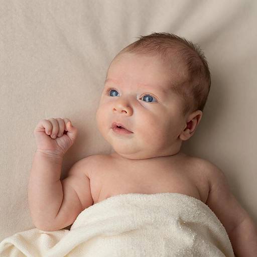 Newborn Baby with Blue Eyes on Beige Blanket