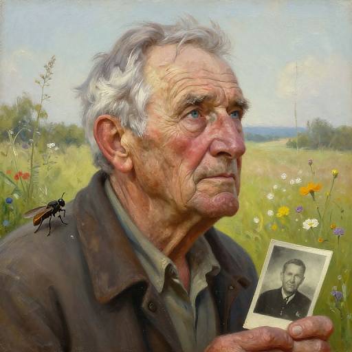 Digital painting of an elderly man with white hair, holding a black-and-white photo of a younger man, a fly on his shoulder, in a sunny