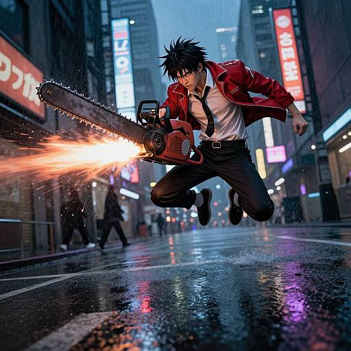 Digital anime artwork: Black-haired man in red jacket and black pants jumps mid-air in rainy city street, chainsaw emitting bright orange sparks, neon lights
