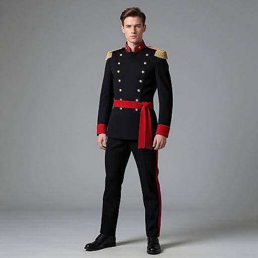Photograph of a handsome man in a black military uniform with gold epaulettes, red sash, and red cuffs, standing against a plain