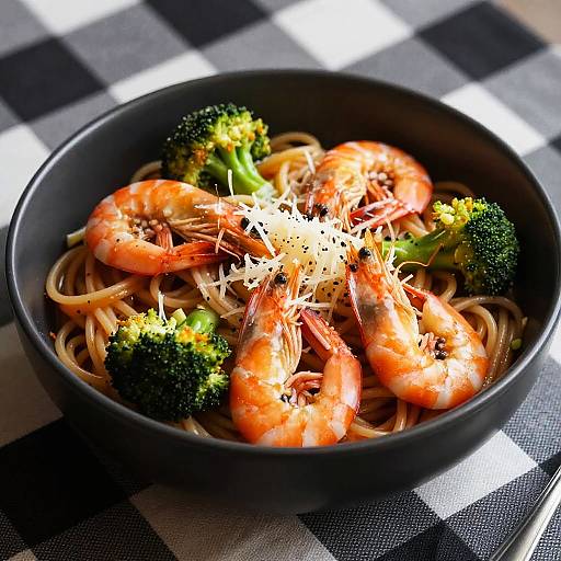 Colorful Shrimp Pasta in Black Bowl