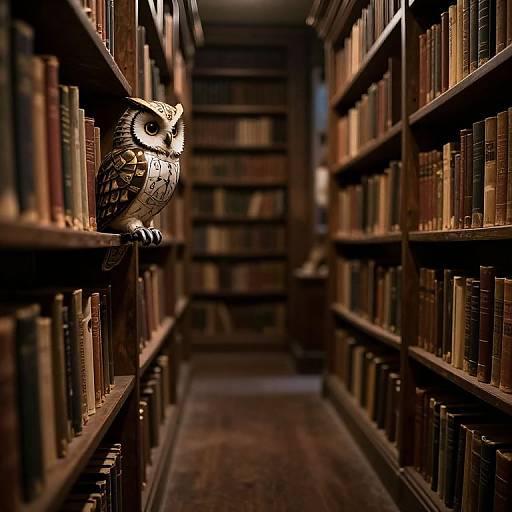 Photograph of a narrow, dimly lit library aisle with wooden bookshelves on both sides, featuring a detailed, owl-shaped metal sculpture perched