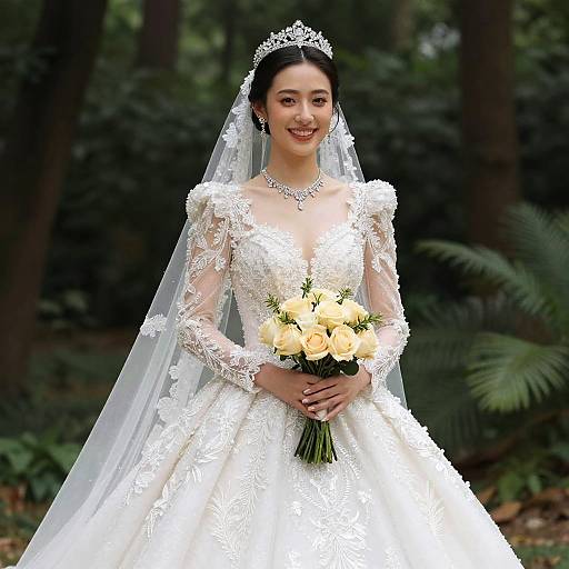 Photograph of a smiling Asian bride in an ornate white lace wedding dress, tiara, veil, holding a bouquet of yellow roses, standing in