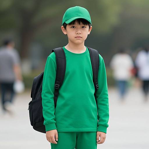 Photograph of a young Asian boy in green outfit and cap, black backpack, standing on a blurred outdoor path.