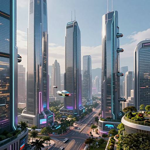 Photorealistic digital art of a futuristic cityscape featuring towering, neon-lit skyscrapers with sleek glass facades, flying cars, and a