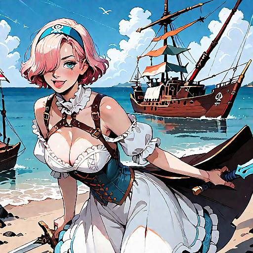 Pirate Girl Standing at Seaside Docks