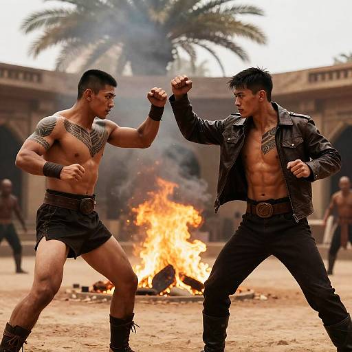 Dramatic Battle in Fiery Courtyard