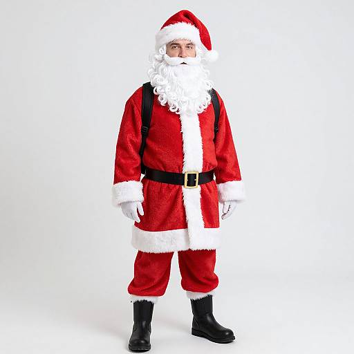 Photograph of a man in a traditional Santa Claus outfit: red velvet suit with white fur trim, black belt, black boots, and a large white