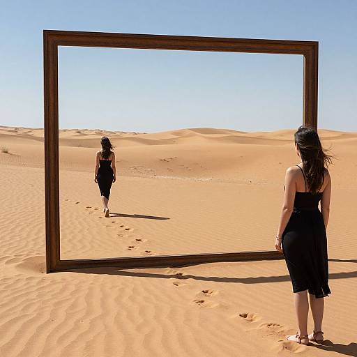 Photograph of a woman with long dark hair in a black dress standing in a desert, facing a large wooden-framed mirror reflecting her image amidst golden