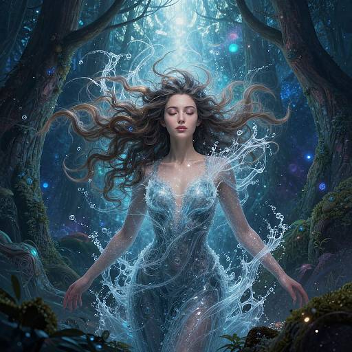 Digital fantasy artwork of a serene, ethereal woman with flowing brown hair, wearing a translucent, water-like dress, surrounded by underwater forest with glowing blue