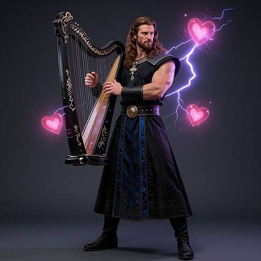Muscular man with long brown hair and beard, wearing black kilt and sleeveless shirt, plays harp surrounded by pink hearts and purple lightning against