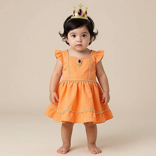 Photograph of a young Asian girl with short black hair, wearing an orange dress and a small gold crown, standing barefoot on a plain white background