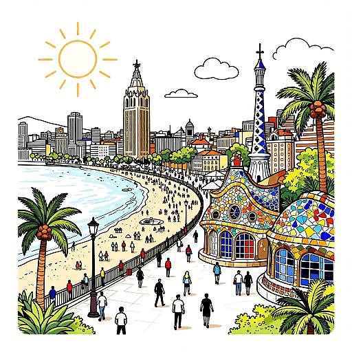 Colorful digital drawing of a bustling beach city with palm trees, sun, beachgoers, skyscrapers, and a vibrant market area.