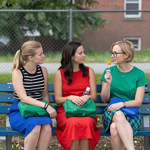 Three Women on a Blue Bench Outdoors