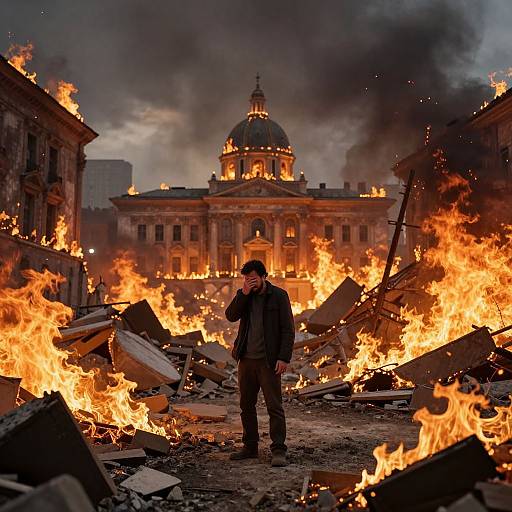 Man Alone Amidst Burning City