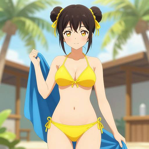 Anime Young Woman in Tropical Bikini