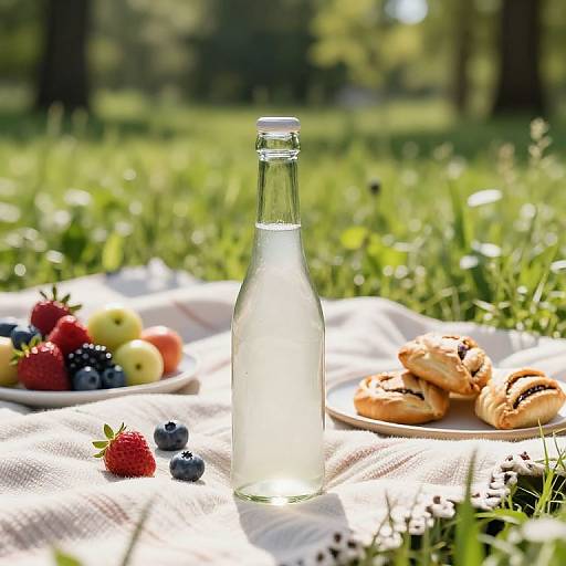 Photograph of a sunlit picnic on a grassy field, featuring a frosted glass bottle, fruit bowl with strawberries, blueberries, and apples