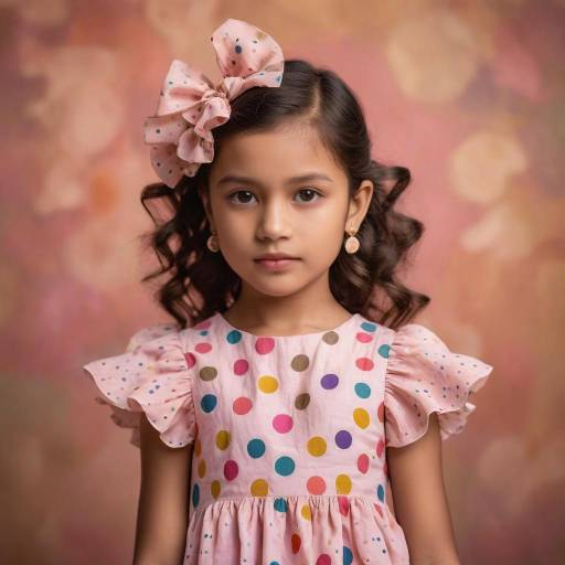 Photograph of a young Indian girl with long, wavy brown hair, wearing a polka dot dress with a pink flower headband, standing in