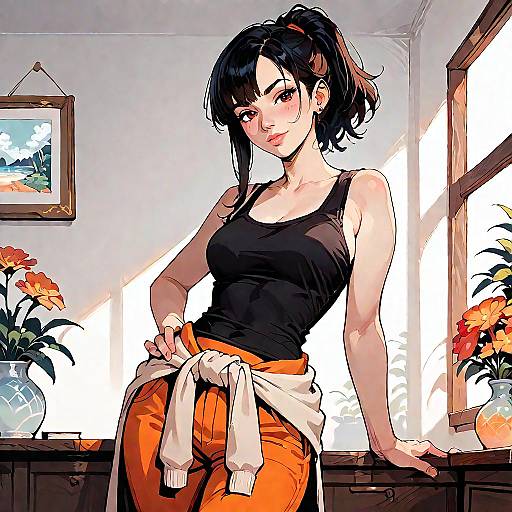 Digital anime-style drawing of a black-haired woman in a black tank top and orange pants, tying a white sweater, leaning against a sunlit window with
