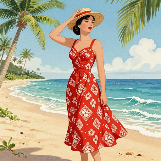Digital illustration of a fair-skinned woman with black hair, red dress adorned with white patterns, and straw hat, standing on a sunny tropical beach with