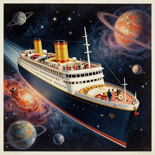 Digital artwork of a large blue and white cruise ship with yellow smokestacks, sailing through a colorful, star-filled space with planets and nebulas